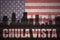 Abstract silhouette of the city with text Chula Vista at the vintage american flag