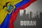 Abstract silhouette of the city with text Duran near waving national flag of ecuador on a gray background