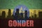 Abstract silhouette of the city with text Gonder at the vintage ethiopian flag