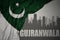 Abstract silhouette of the city with text Gujranwala near waving national flag of pakistan on a gray background.3D illustration