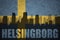 Abstract silhouette of the city with text Helsingborg at the vintage swedish flag