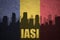 Abstract silhouette of the city with text Iasi at the vintage romanian flag