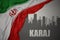 Abstract silhouette of the city with text Karaj near waving national flag of iran on a gray background.3D illustration