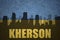 Abstract silhouette of the city with text Kherson at the vintage ukrainian flag