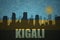 Abstract silhouette of the city with text Kigali at the vintage rwandan flag