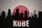 Abstract silhouette of the city with text Kobe at the vintage japanese flag