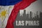 Abstract silhouette of the city with text Las Pinas near waving national flag of philippines on a gray background.3D illustration