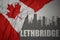 Abstract silhouette of the city with text Lethbridge near waving national flag of canada on a gray background