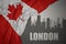 Abstract silhouette of the city with text London near waving national flag of canada on a gray background