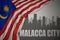 Abstract silhouette of the city with text Malacca city near waving national flag of malaysia on a gray background.3D illustration