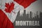 Abstract silhouette of the city with text Montreal near waving national flag of canada on a gray background