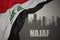 Abstract silhouette of the city with text Najaf near waving national flag of iraq on a gray background.3D illustration