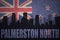 Abstract silhouette of the city with text Palmerston North at the vintage new zealand flag