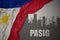 Abstract silhouette of the city with text Pasig near waving national flag of philippines on a gray background.3D illustration