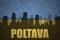 Abstract silhouette of the city with text Poltava at the vintage ukrainian flag