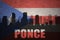 Abstract silhouette of the city with text Ponce at the vintage puerto rican flag