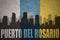 Abstract silhouette of the city with text Puerto del Rosario at the vintage canary islands flag