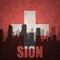 Abstract silhouette of the city with text Sion at the vintage swiss flag