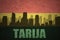 Abstract silhouette of the city with text Tarija at the vintage bolivian flag