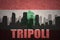 Abstract silhouette of the city with text Tripoli at the vintage lebanon flag