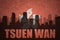 Abstract silhouette of the city with text Tsuen Wan at the vintage hong kong flag
