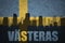 Abstract silhouette of the city with text Vasteras at the vintage swedish flag