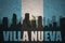 Abstract silhouette of the city with text Villa Nueva at the vintage guatemalan flag
