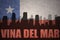 Abstract silhouette of the city with text Vina del Mar at the vintage chilean flag