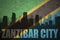 Abstract silhouette of the city with text Zanzibar City at the vintage tanzanian flag