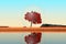 Abstract Singl Autumn Tree Inside Glass Ball Standing in Long Grass on a River Bank. 3d Rendering