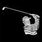 Abstract sketch of the bust of a white man playing golf with a golf club in his hands formed by thick lines on a black background