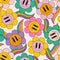 Abstract smiling flower face funny rainbows seamless pattern in 70s hippie style