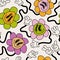 Abstract smiling flower face seamless pattern in 70s hippie style