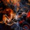 Abstract smoke swirls in bright orange red neon colors on black background