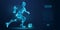 Abstract soccer player, footballer from particles on blue background. Low poly neon wireframe outline football player