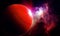 Abstract space 3D illustration, 3d image, background, a bright planet in space in a nebula and the shining of stars in red tones