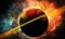 Abstract space illustration, 3D image, bright orange planet Saturn and space nebula