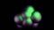 Abstract spheres of green and and purple spheres pulsating on a black background. Design. Glowing balls stick together