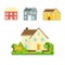 Abstract spring background with cozy home, house, cottage, with