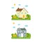 Abstract spring background with cozy home, house, cottage, with