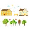 Abstract spring background with cozy home, house, cottage, trees
