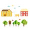 Abstract spring background with cozy home, house, cottage, trees