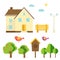 Abstract spring background with cozy home, house, cottage, trees