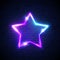 Abstract star neon signage. Techno glowing electric game frame on dark blue brick wall background. Night club sign.