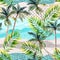 Abstract summer beach background. Art illustration with watercolor palm trees, doodles and grunge textures