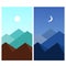 Abstract summer flat mountain landscape. Daytime, night. Wallpaper for mobile device