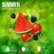 Abstract summer infographics poster with watermelon, strawberry, blackberry and leaves. Bright blurry background. Poster for