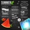 Abstract summer infographics poster with watermelon, strawberry, blackberry, shining sun card. Chalkboard background. Poster for