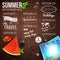Abstract summer infographics poster with watermelon, strawberry, blackberry, shining sun card. Wooden background. Poster for