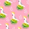 Abstract summer pattern with cute parrot, palm leaves, papaya and triangles on pink background. Ornament for textile and wrapping